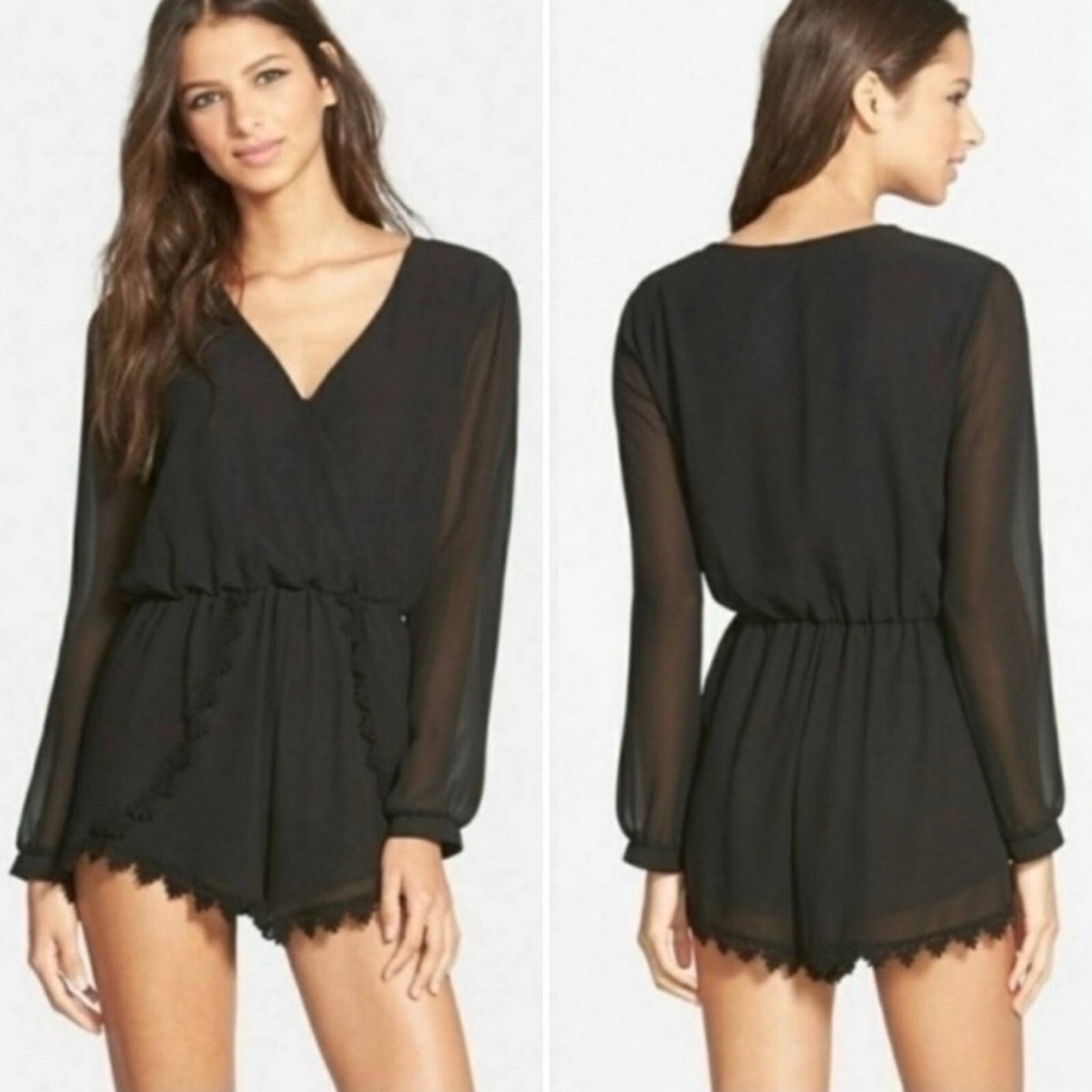 ASTR The Label Women's Lace Trim Long Sleeve Chiffon Romper Black medium Short